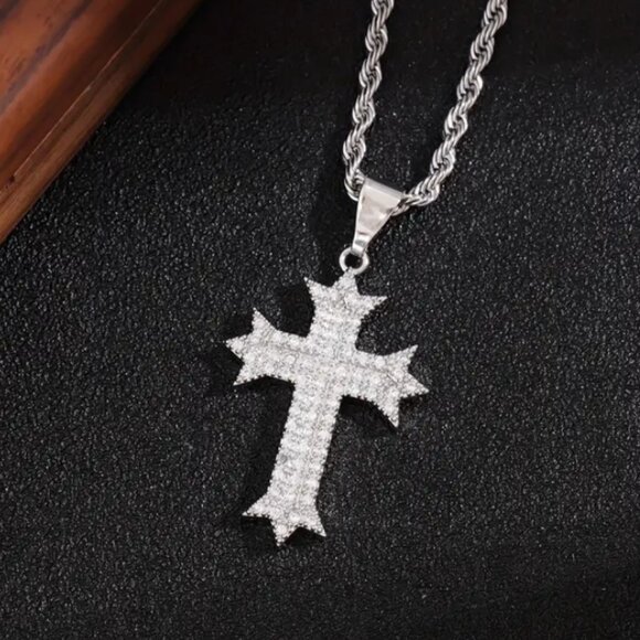 24" Mens 2ct Diamond 14K White Gold Cross Necklace Rope Chain Silver Jewelry 14 - Picture 2 of 9